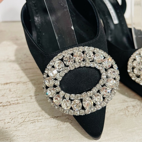 Manolo Blahnik Fiboslac Black Satin Swarovski Crystal Slingback 70MM Pumps SZ 37 - Picture 6 of 14